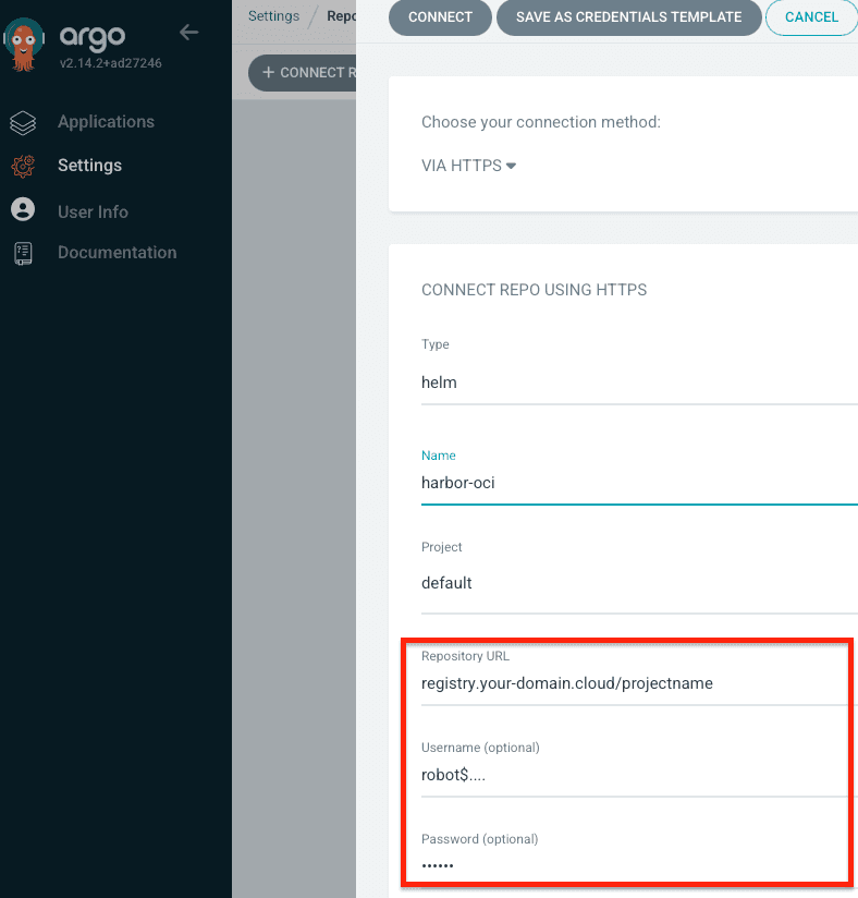Fig. 19: Connecting a Harbor Private OCI Helm Repository to Argo CD