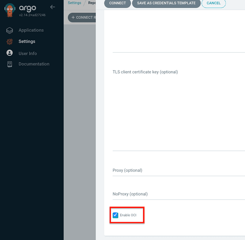 Fig. 2: Argo CD GUI: + CONNECT REPO (Enable OCI)