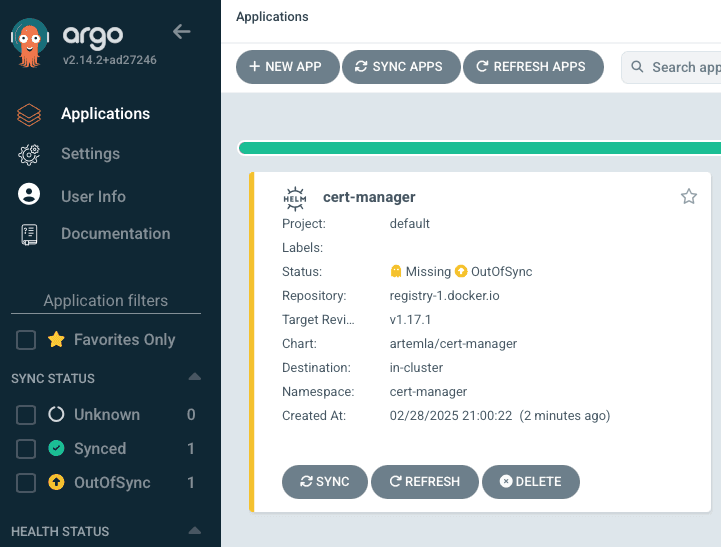 Fig. 11: Argo CD Application Status After Deploying Cert-Manager