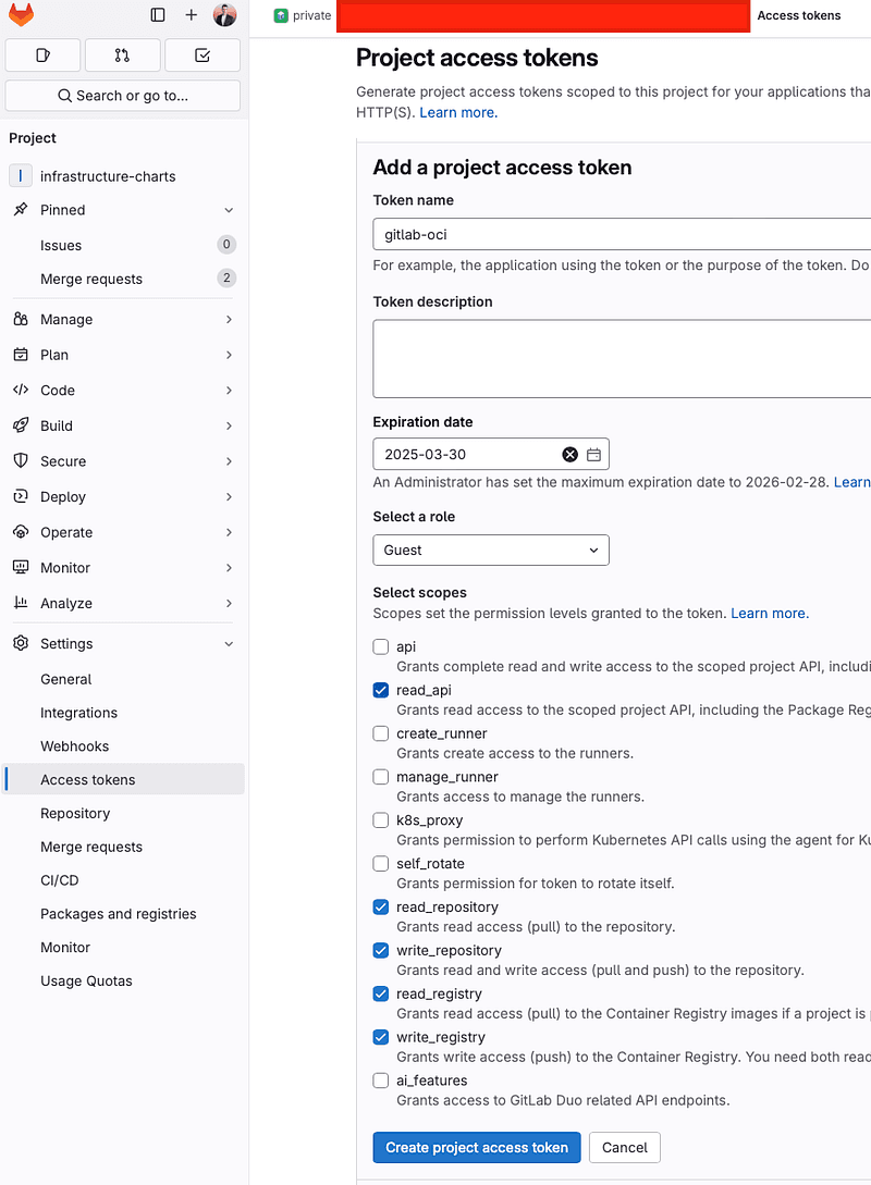 Fig. 13: GitLab GUI: Create Project Access Token