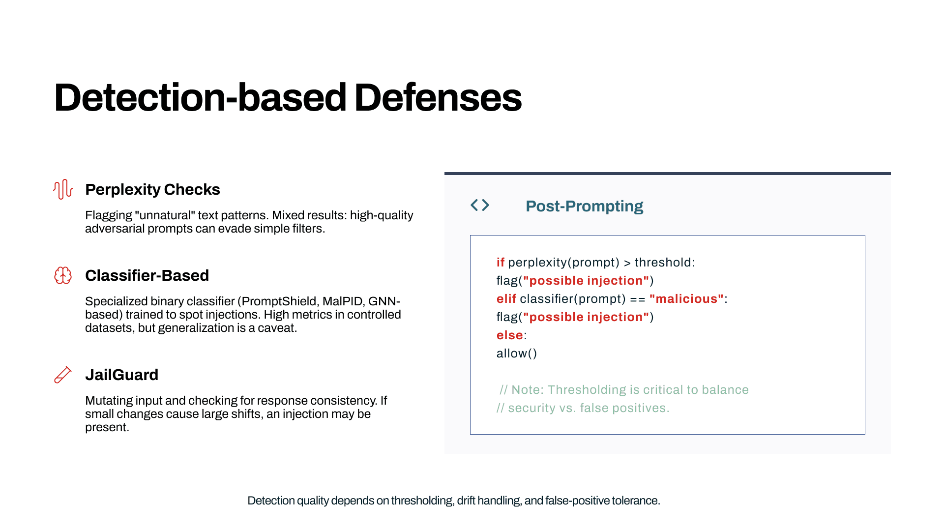 Detection-based defenses against prompt injection attacks in LLMs: perplexity checks, classifiers, and JailGuard
