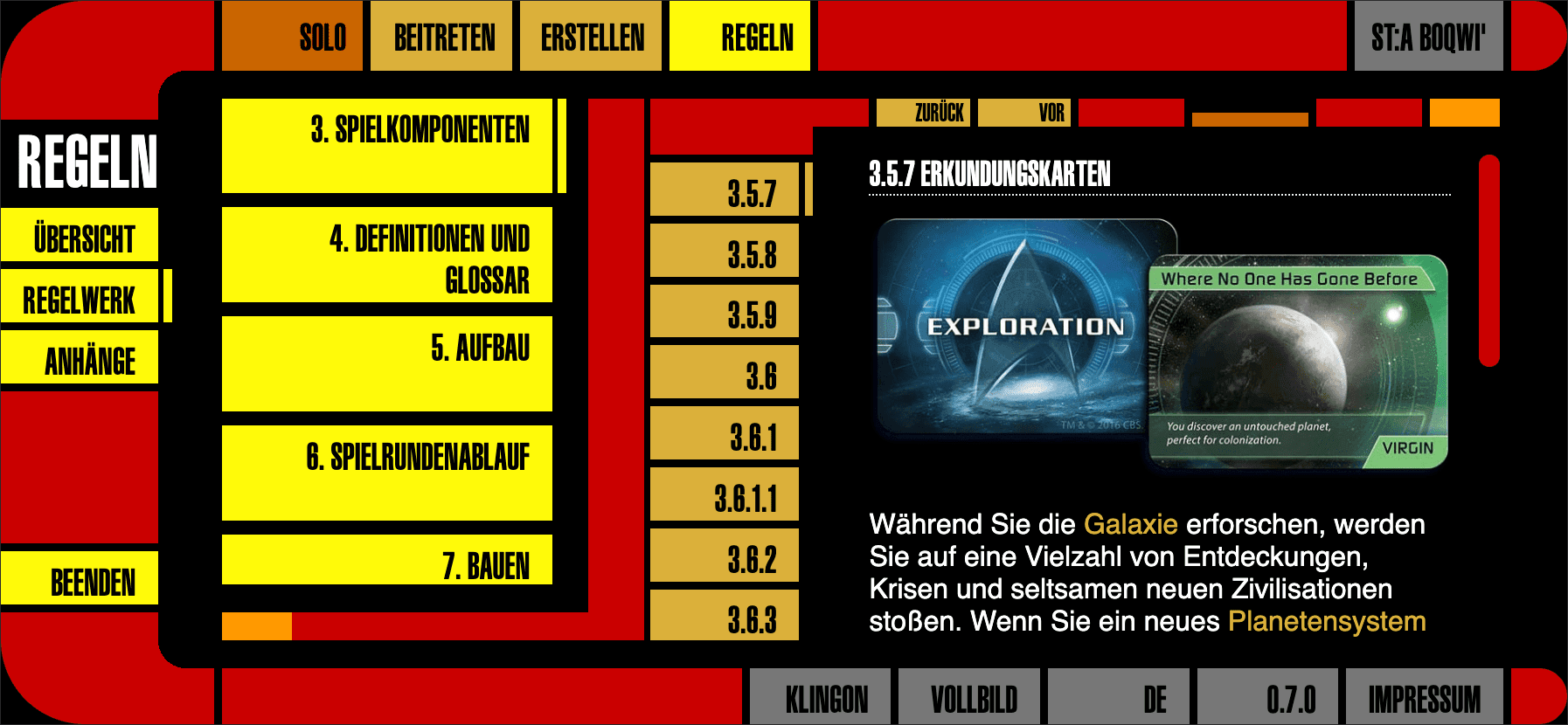 LCARS interface for a rulebook of a boardgame in landscape for large smartphones has the surrounding decorations and application menu visible