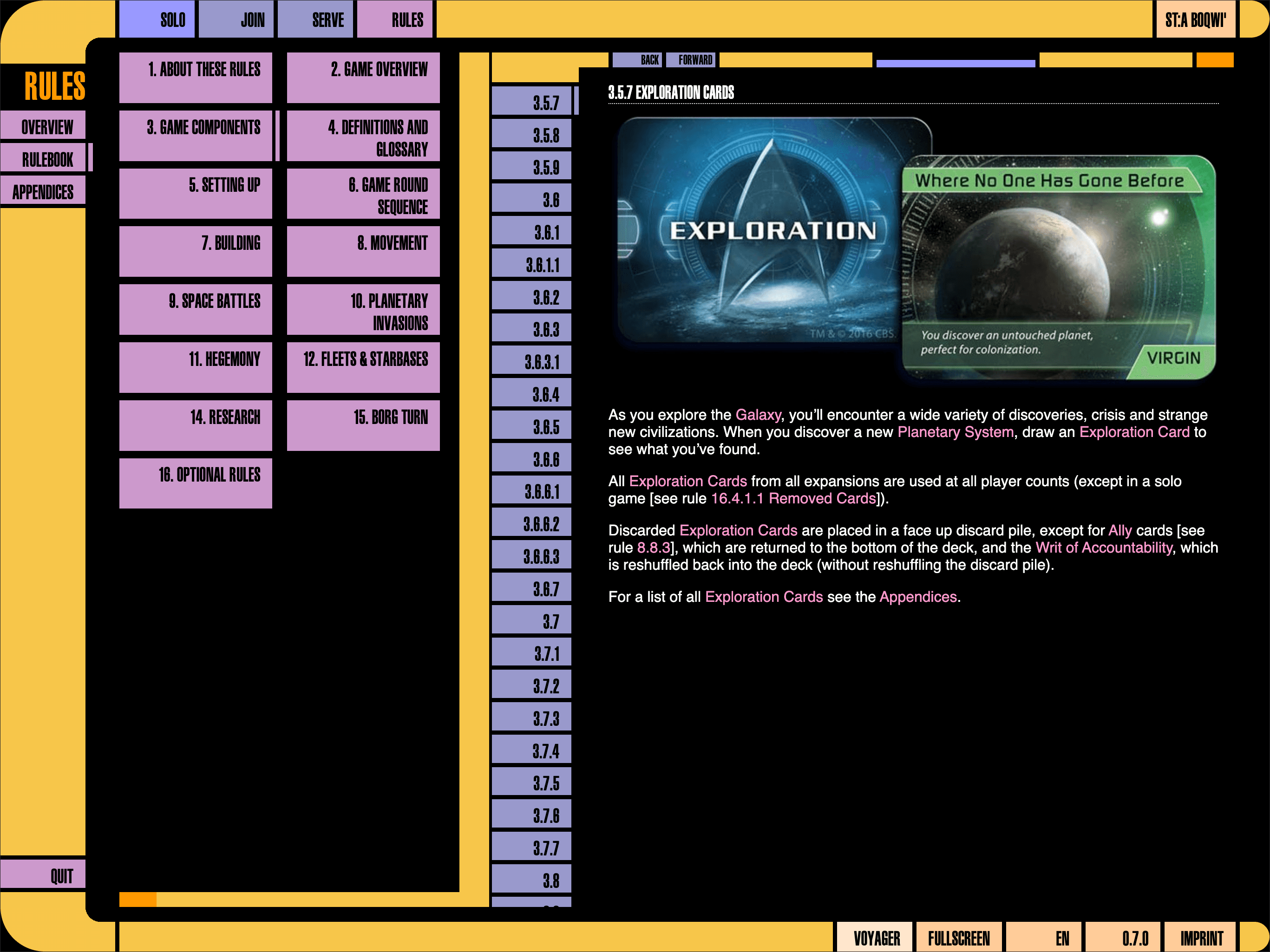 LCARS interface for a rulebook of a boardgame in landscape for desktop browsers. The left-hand menu is in two columns.