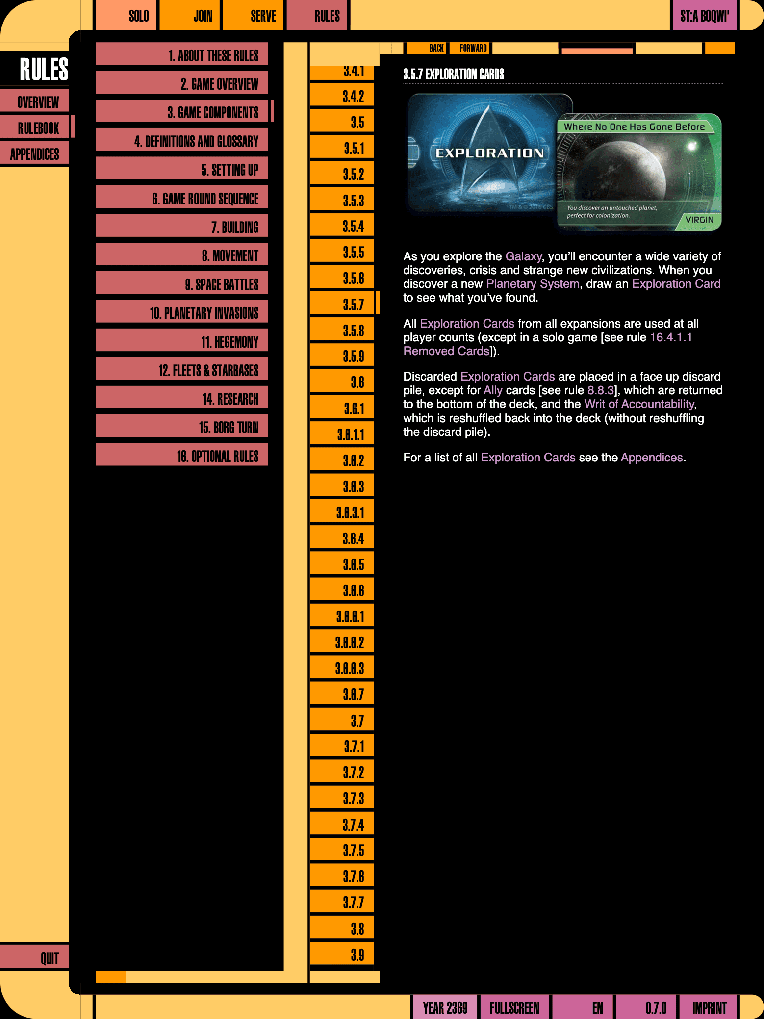 LCARS interface for a rulebook of a boardgame in portrait for large tablets which doesn't stretch the left-hand menu to consume the full height