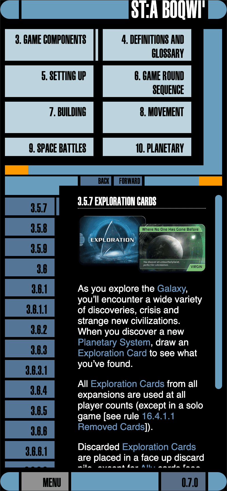 LCARS interface for a rulebook of a boardgame in portrait for large smartphones which shows the left-hand menu on top in multiple columns