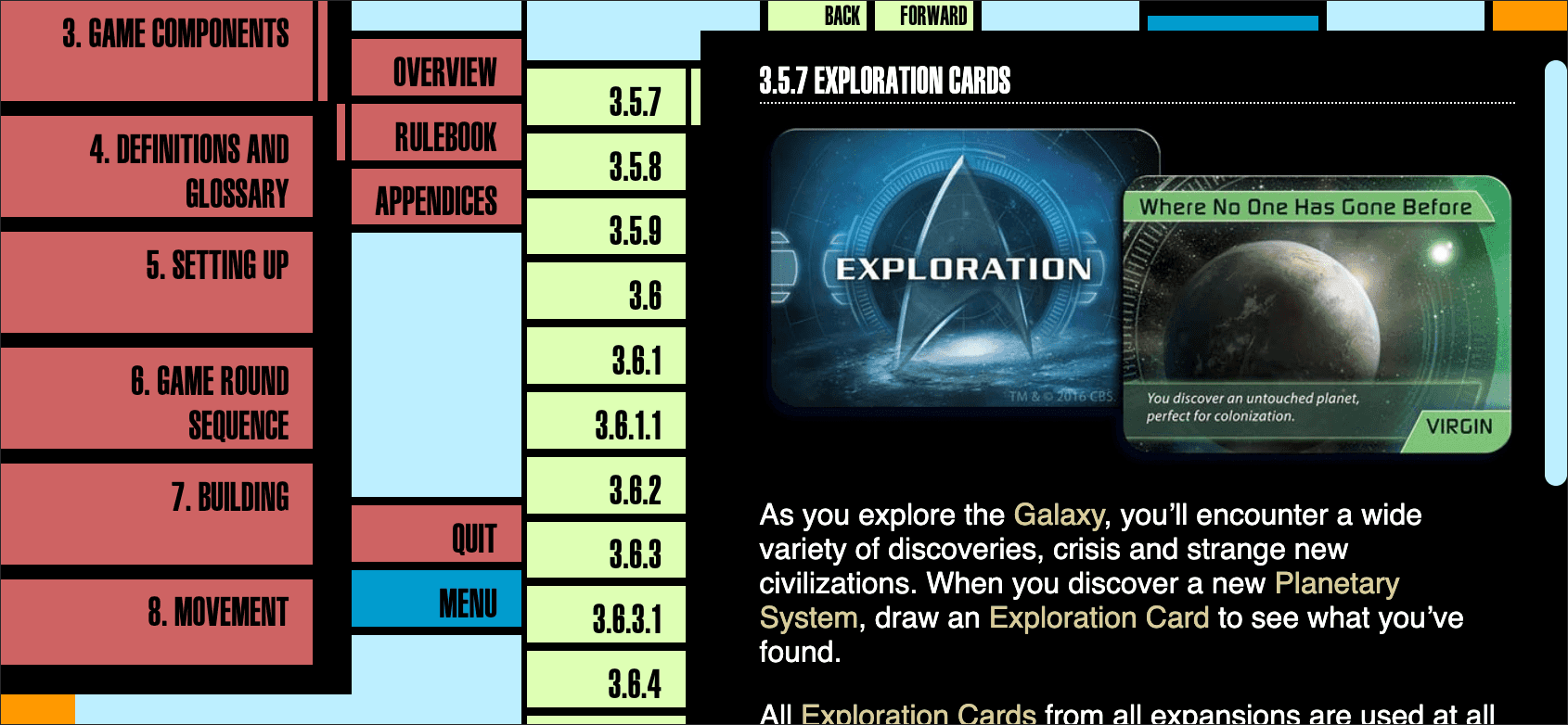 LCARS interface for a rulebook of a boardgame in landscape for small smartphones is without surrounding decoration and the application menu is not directly visible anymore