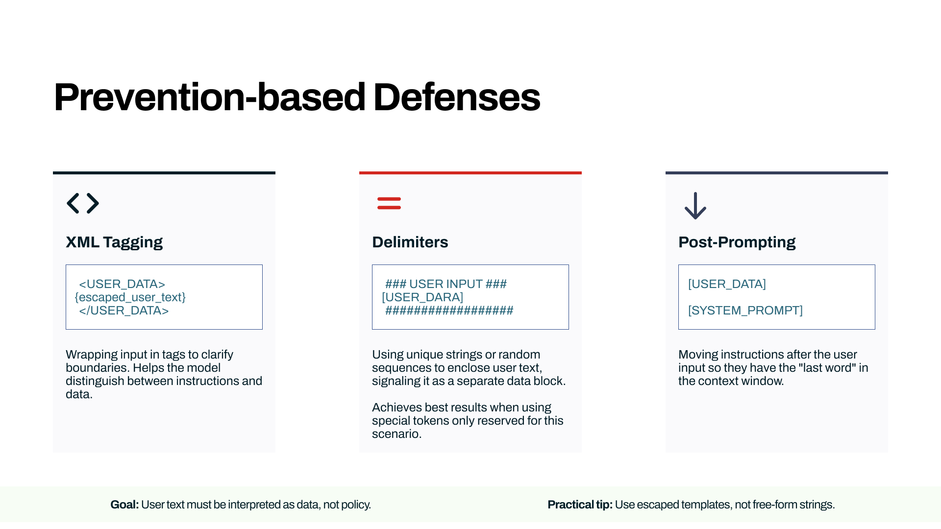 Prevention-based defense techniques against prompt injection attacks in LLMs: XML tagging, delimiters, and post-prompting