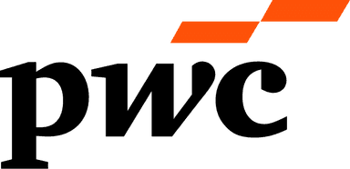 PwC logo featuring the lowercase letters "pwc" in black with two orange diagonal shapes above