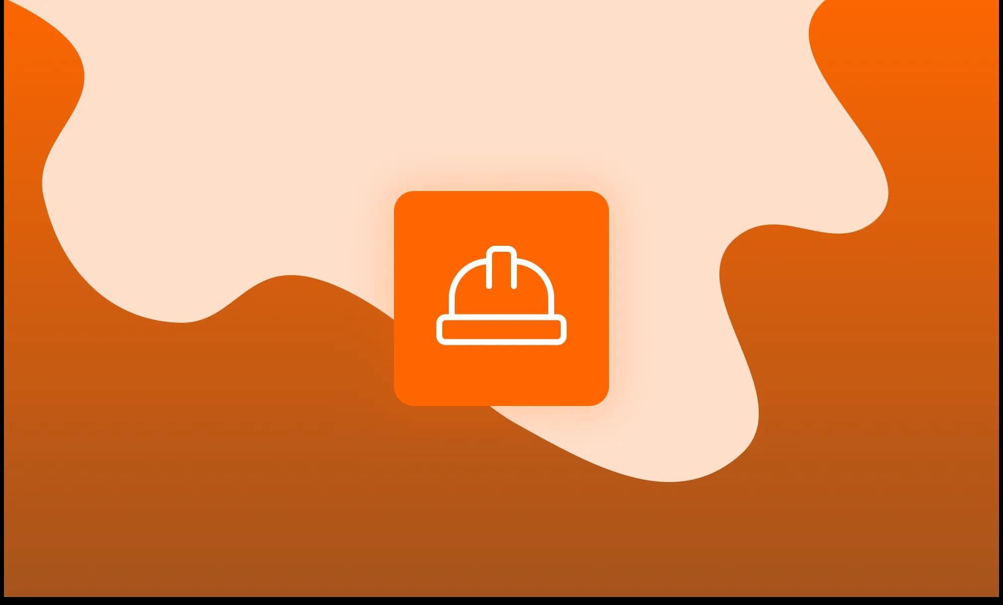 White hard hat icon on an orange rounded square tile, set against an orange and white abstract wave background.