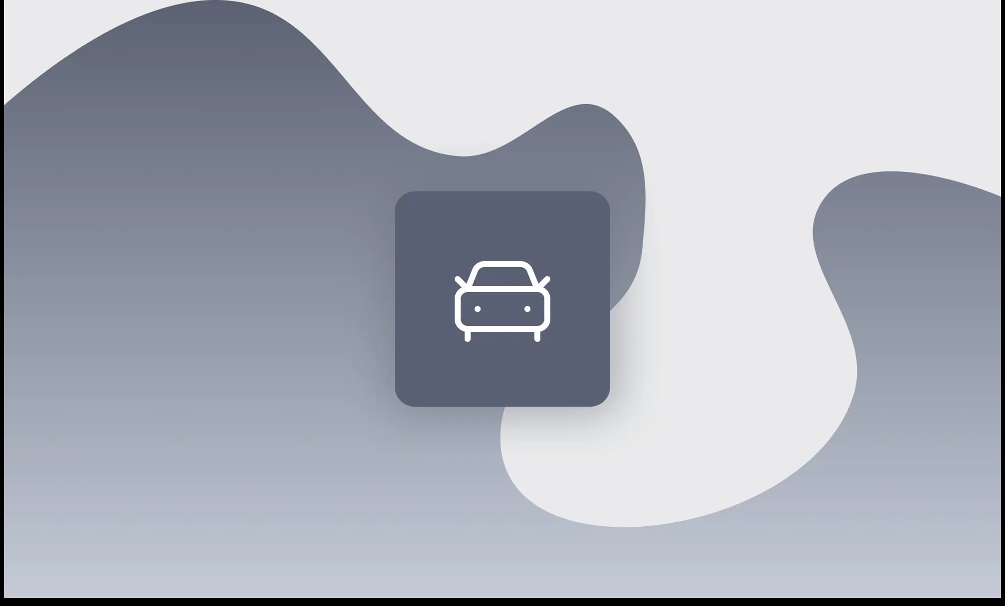 White car icon on a dark slate-blue rounded square tile, set against an abstract grey and light background with fluid wave shapes.
