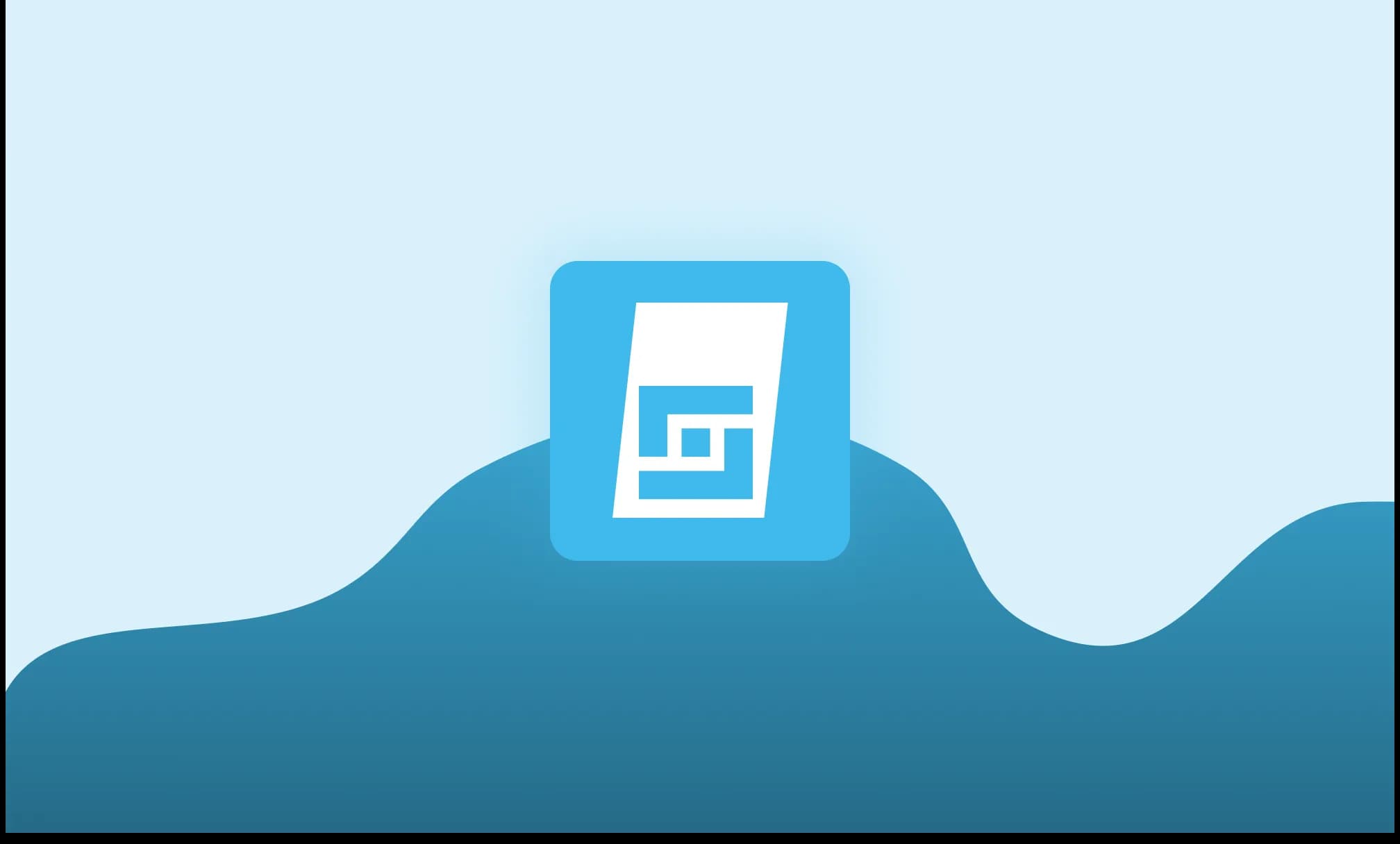 Blue rounded-square app icon featuring a white stylised document with nested rectangular shapes, centred above a teal wave graphic on a light blue background.