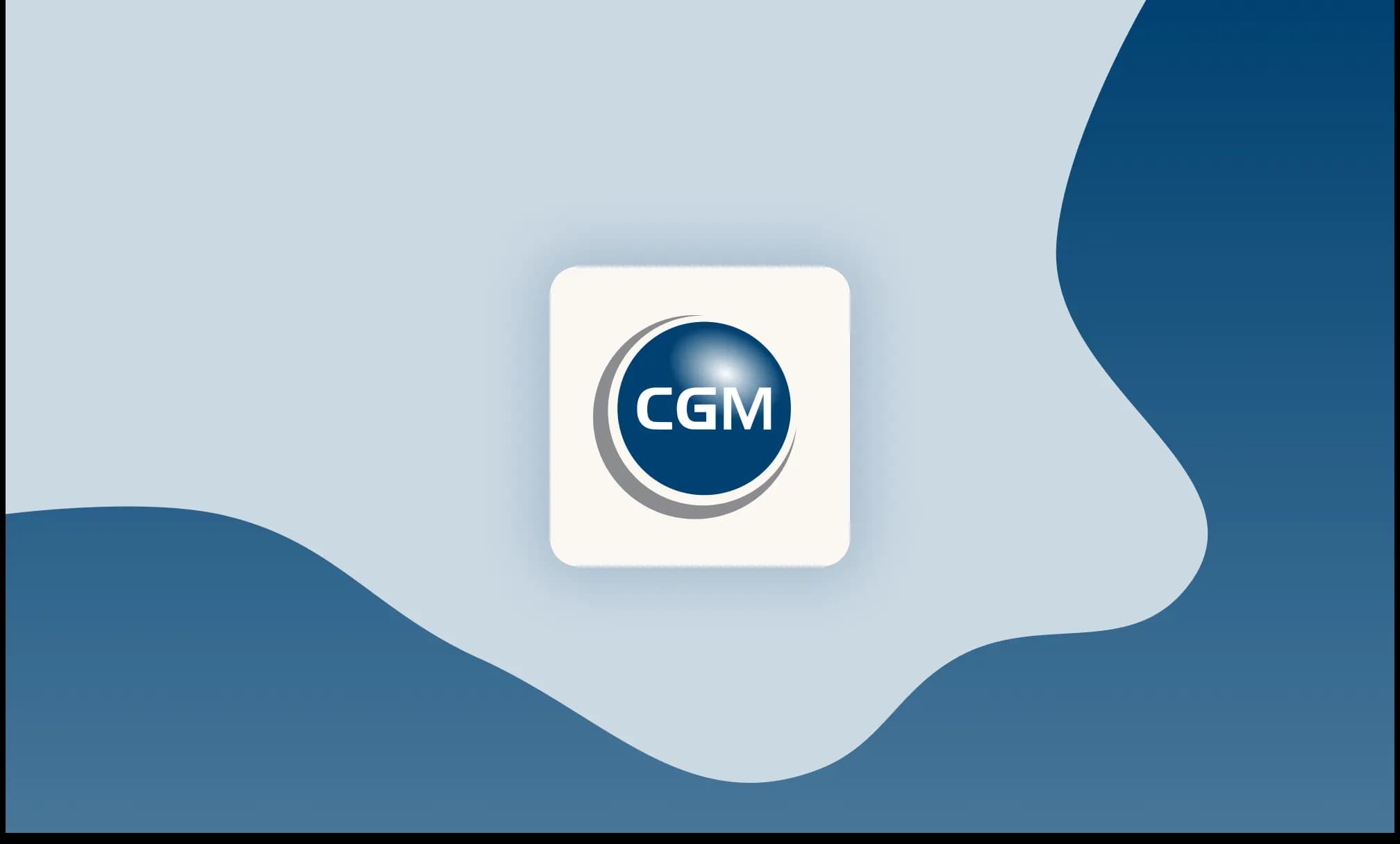CGM logo — a dark blue sphere with white lettering and a grey arc — centered on a light and dark blue wave-pattern background.