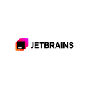 JetBrains logo on a white background, featuring a pink-to-orange gradient geometric shape with a black square overlay and the wordmark "JETBRAINS" in bold black text