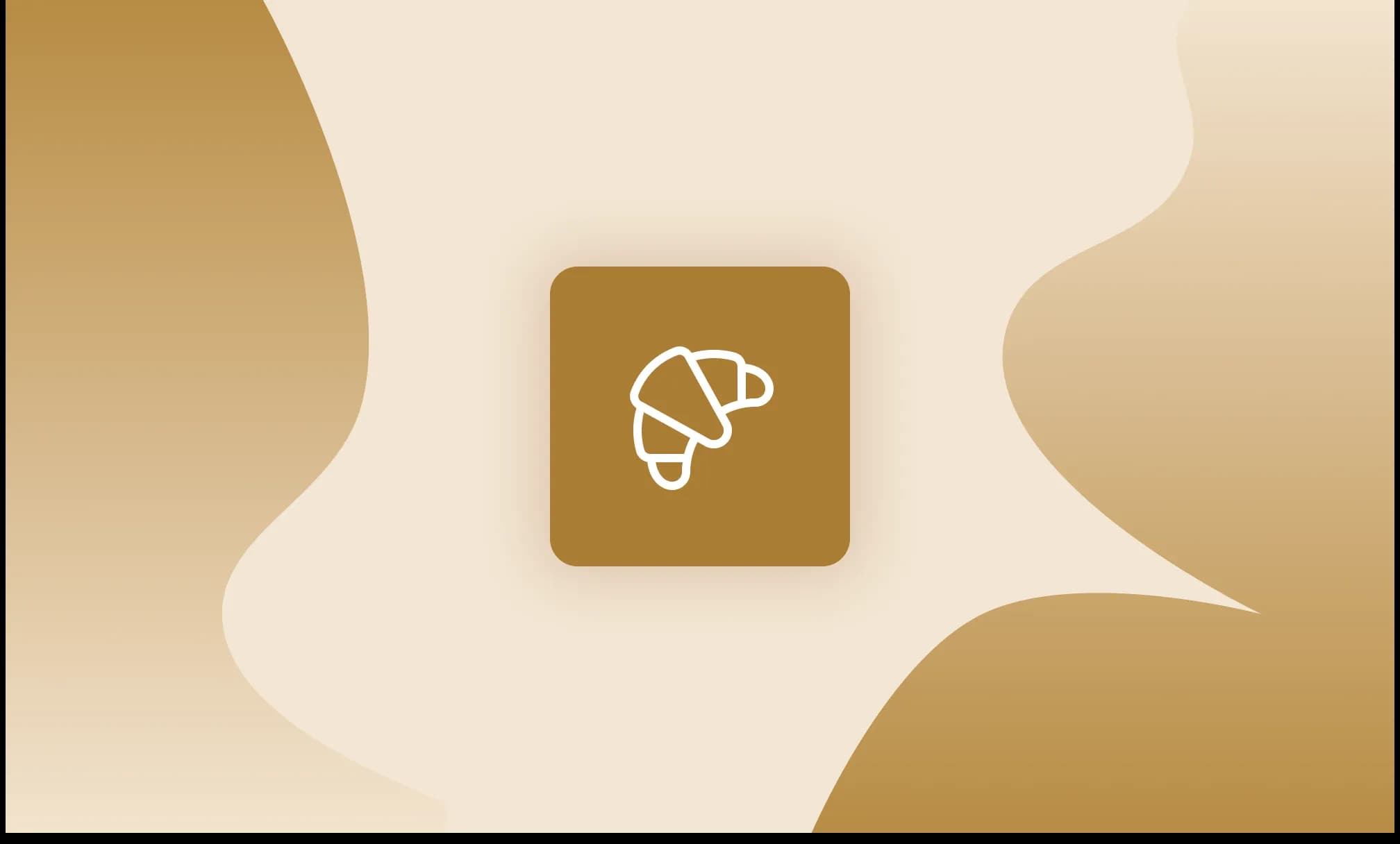 White croissant icon on a golden-brown rounded square tile, centred on an abstract cream and tan wavy background.