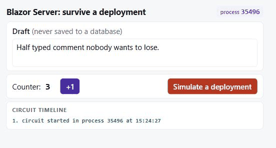 Animated demo of a Blazor Server deployment: the process id changes from 35496 to 59140 while the draft text and the counter value 3 stay on screen.