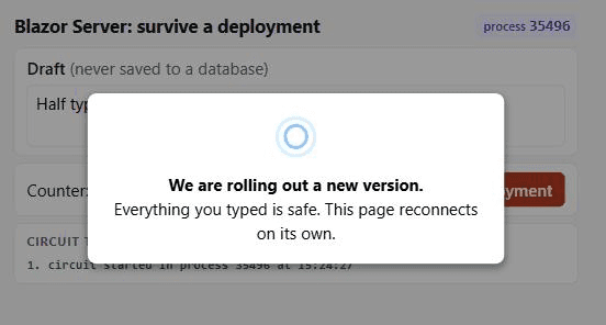 Reconnect dialog with a spinner over the dimmed page: 'We are rolling out a new version. Everything you typed is safe. This page reconnects on its own.