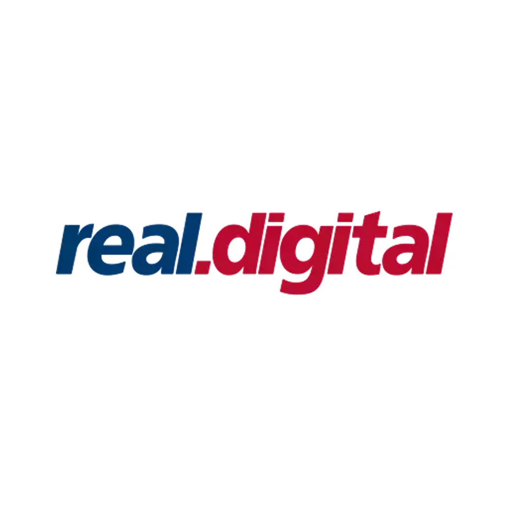 real.digital logo, with "real" in dark blue and ".digital" in dark red italic text on a white background