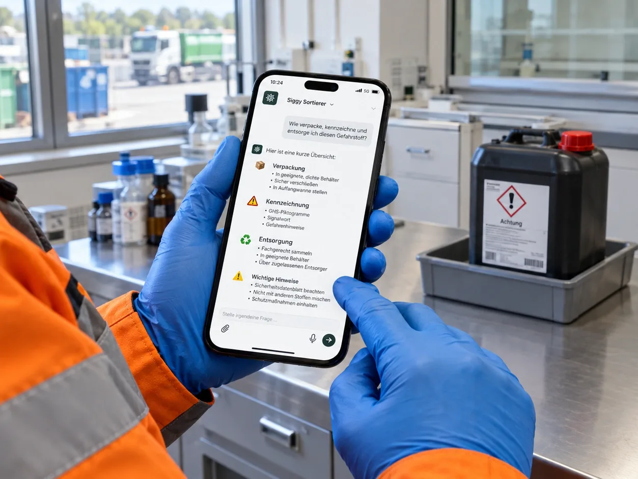 Illustrative image (AI-generated): A worker in protective gear asks the chatbot at the recycling centre how to pack, label and dispose of a hazardous substance