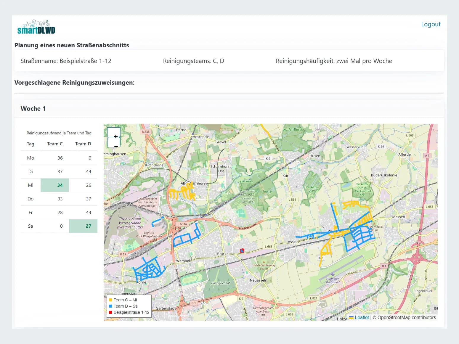 Screenshot of the Smart-DLWD cleaning planner: a map of Dortmund showing two teams’ cleaning sections and a table of cleaning effort per team and weekday