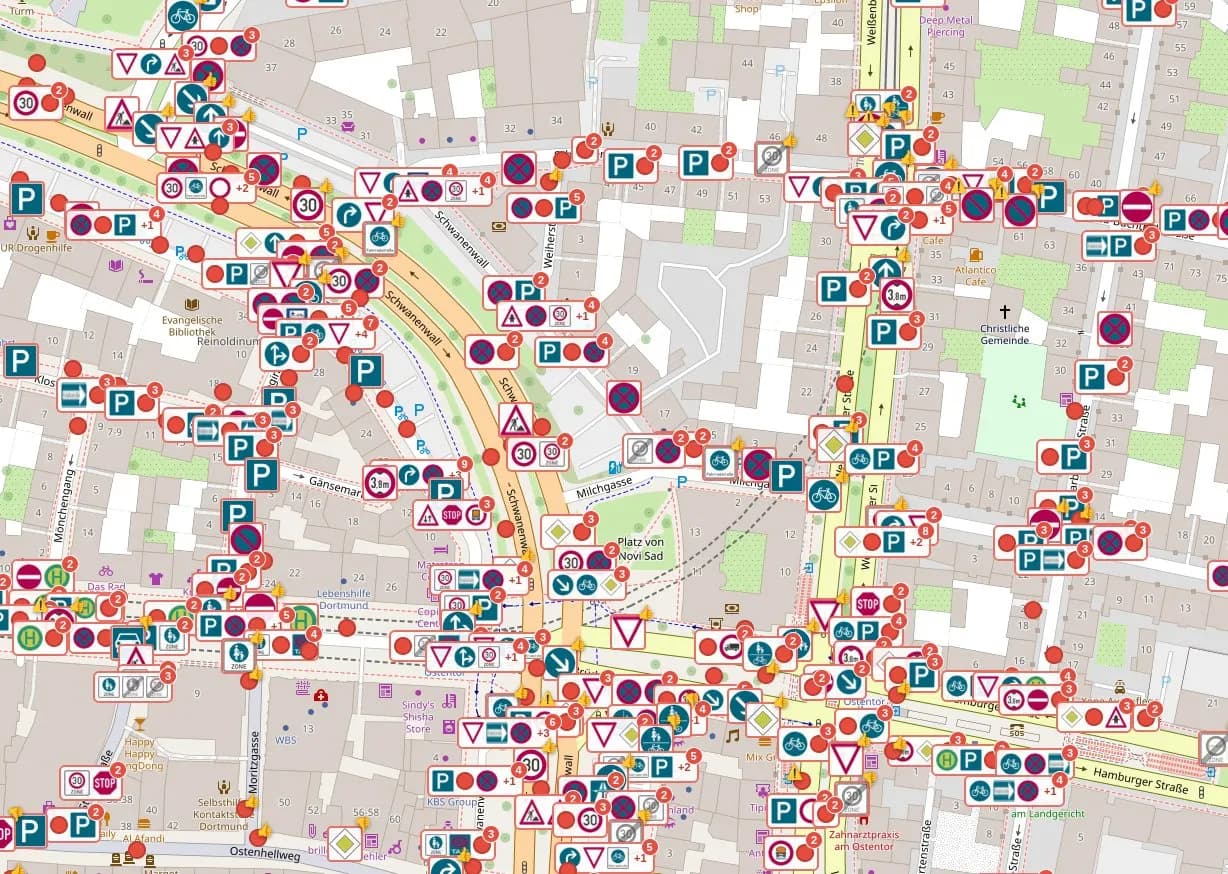 Detail of the road-sign register: a map of Dortmund city centre with detected traffic signs shown as symbols at their locations