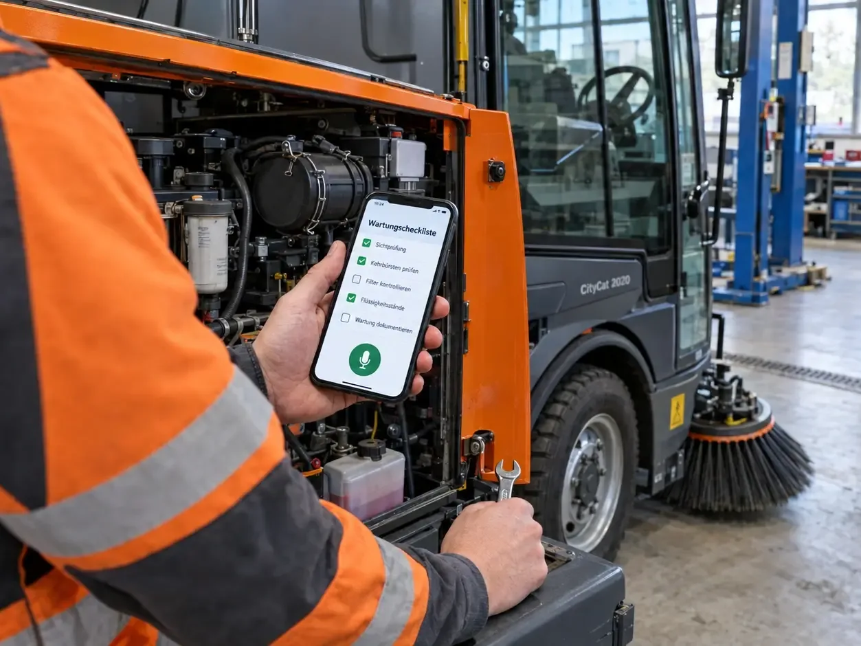 Illustrative image (AI-generated): AI assistance in the workshop: voice-controlled maintenance checklist on a smartphone next to an opened street sweeper
