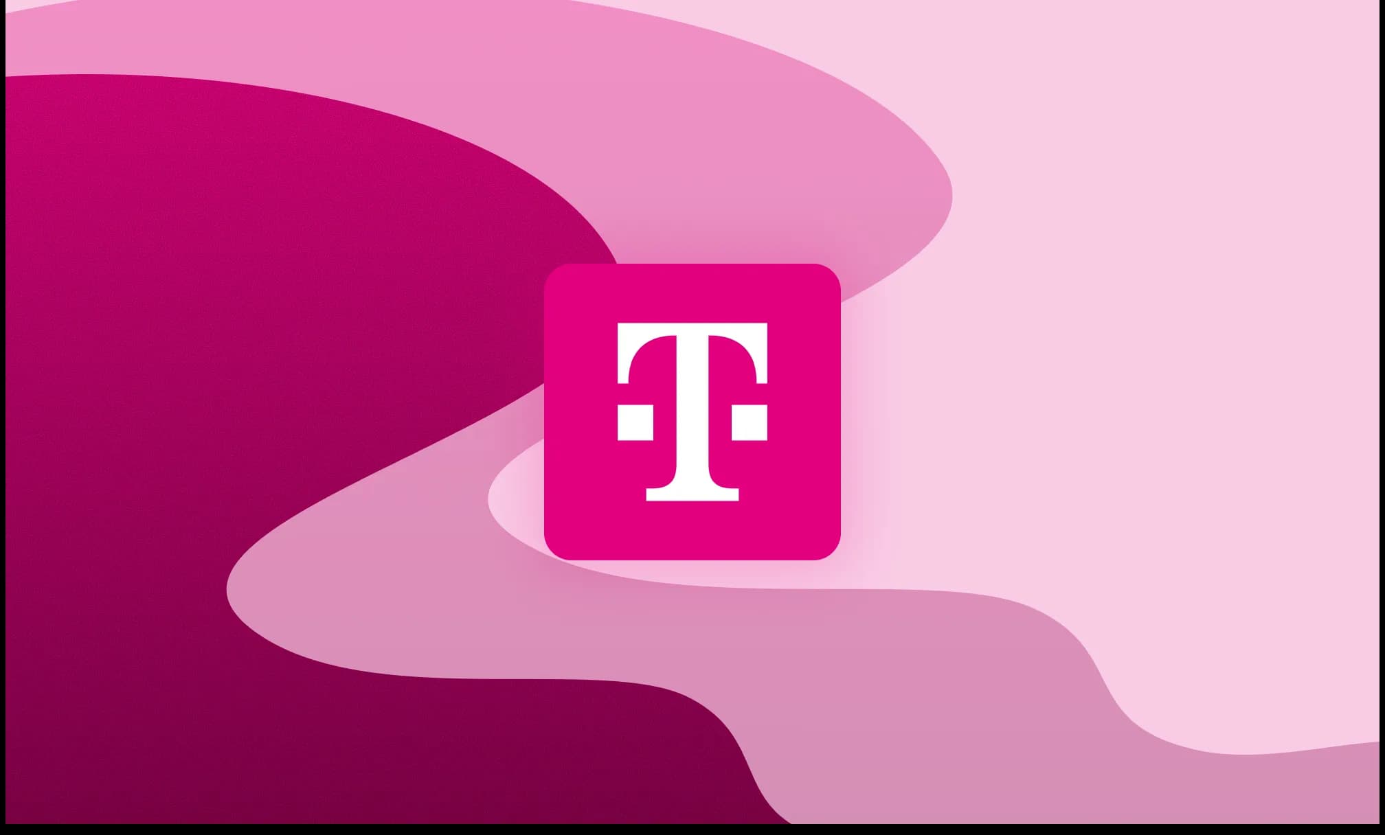 Deutsche Telekom logo centered on an abstract background of layered magenta, pink, and light-pink curved waves.
