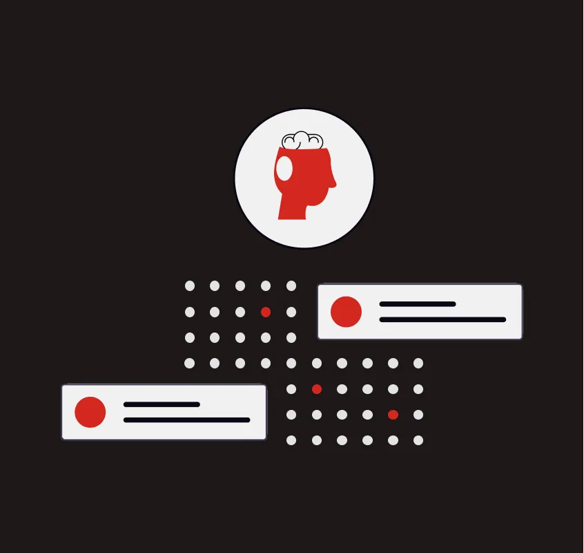 Red icon of a human head silhouette with a brain visible, connected by dot grids to two stylised data card illustrations on a dark background, representing AI data extraction.
