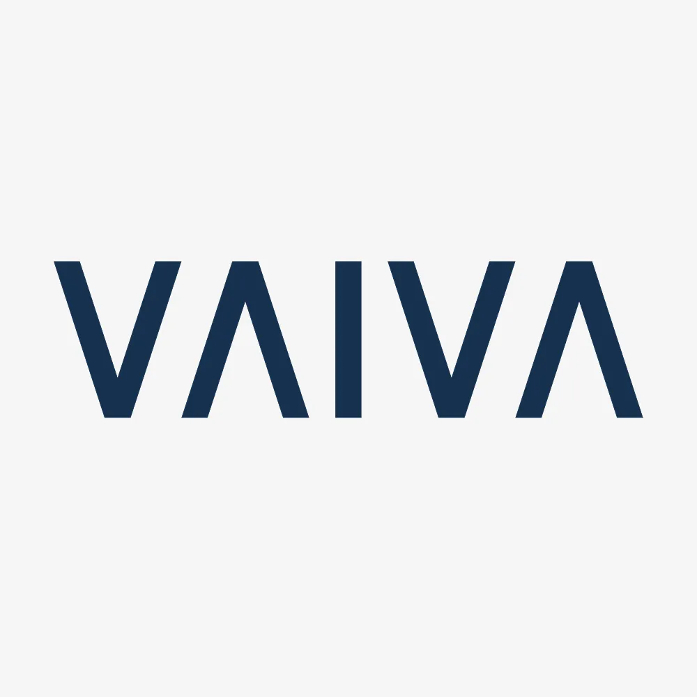 VAIVA logo in dark navy blue bold sans-serif lettering on a light grey background