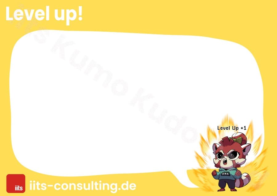 Kumo Kudo card – with "Level up!" title, yellow background and female Kumo making two fists with elbows at hips, slightly leaned back in a victory pose.