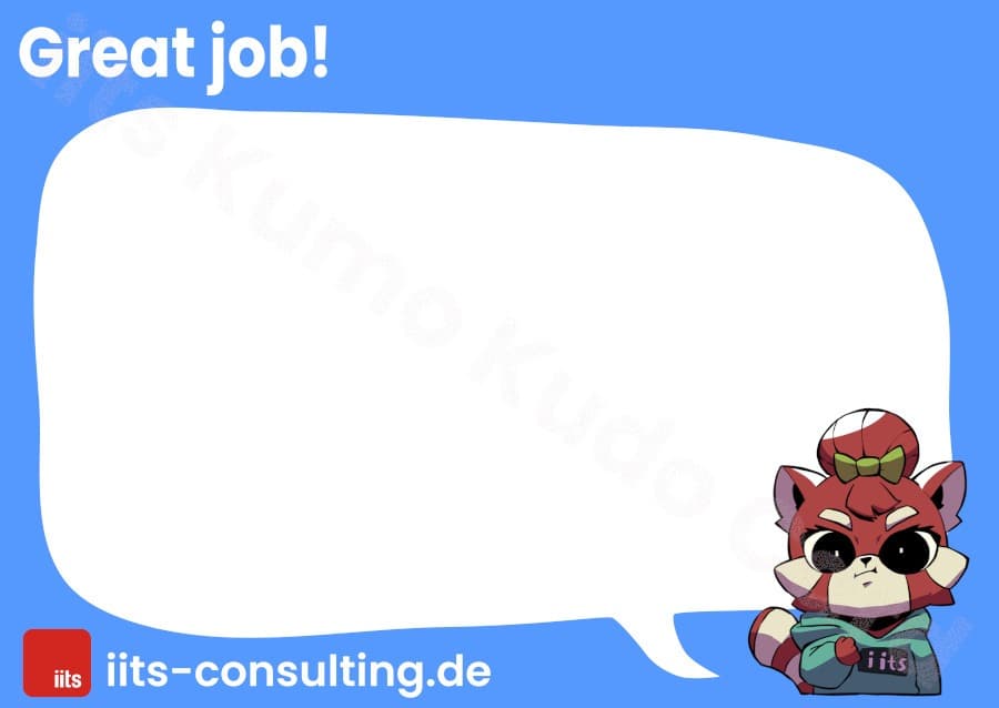 Card with "Great job!" title, blue background and female Kumo making a strong fist with the right arm in front of her chest.