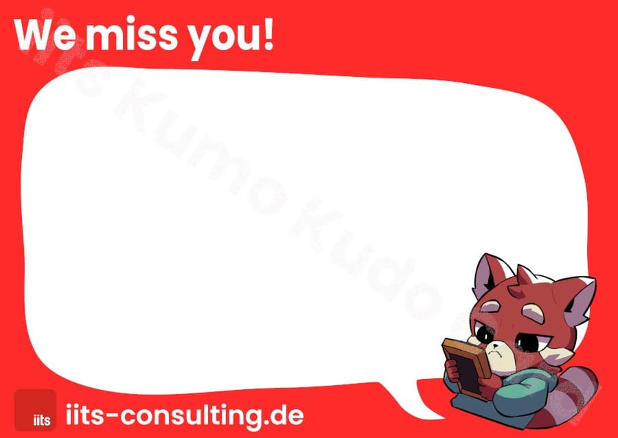 Card with "We miss you!" title, red background and male Kumo lying in bed, looking a bit sad at a framed picture.
