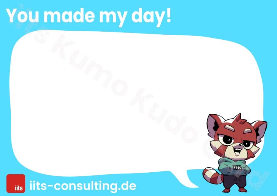 Card with "You made my day!" title, cyan background and male Kumo with hands in sweater pockets, head slightly tilted to the side, bright smile.