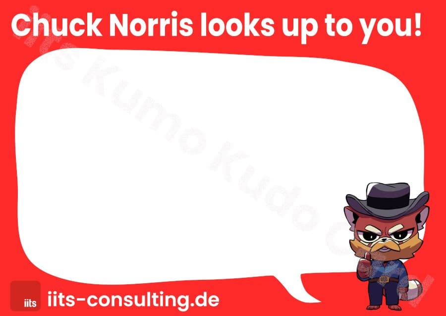 Card with "Chuck Norris looks up to you!" title, red background and male Kumo styled like Chuck Norris, with beard, hat and outfit, giving a thumbs up with the right arm.