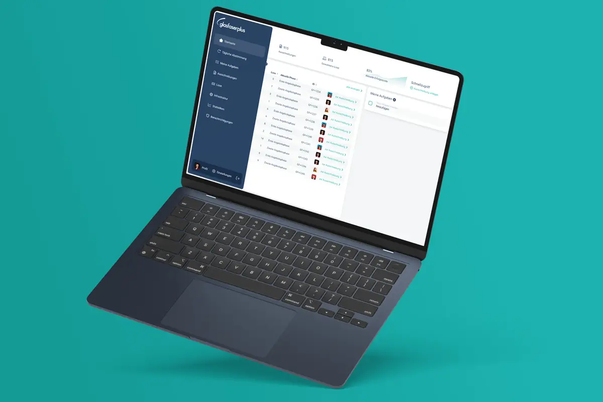 A dark grey laptop on a teal background displaying the glaselaserplus web application, showing a data management interface with a dark blue navigation sidebar, a data list with reference numbers and user avatars, and a task panel.