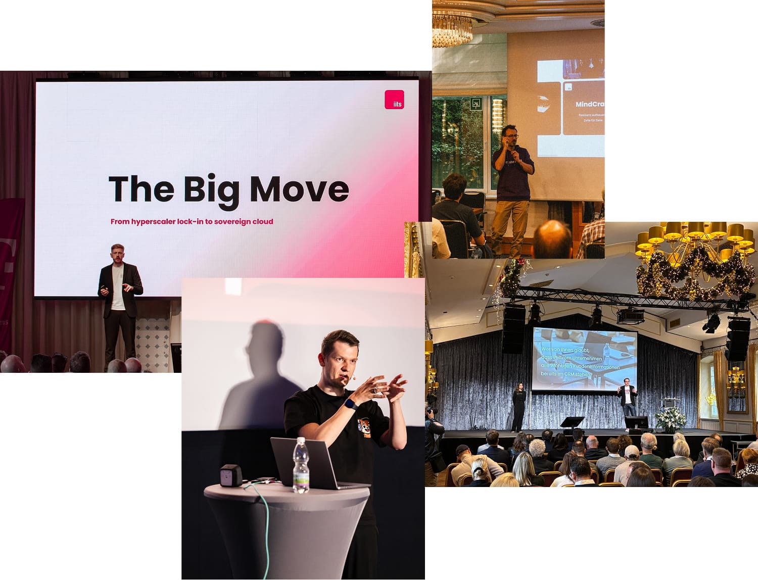 A collage of four photos from iits presentation events: top-left shows a speaker on stage in front of a large screen with the text 'The Big Move — From hyperscaler lock-in to sovereign cloud'; top-right shows a man speaking to an audience in a room with a chandelier and a 'MindCraft' slide on the screen; bottom-center shows a man in a black t-shirt speaking passionately behind a podium with a laptop and water bottle, his shadow cast on the screen behind him; bottom-right shows a wide shot of a conference hall with two speakers on a stage with a blue curtain backdrop, addressing a seated audience of around 50 people, decorated with festive holiday wreaths and chandeliers.