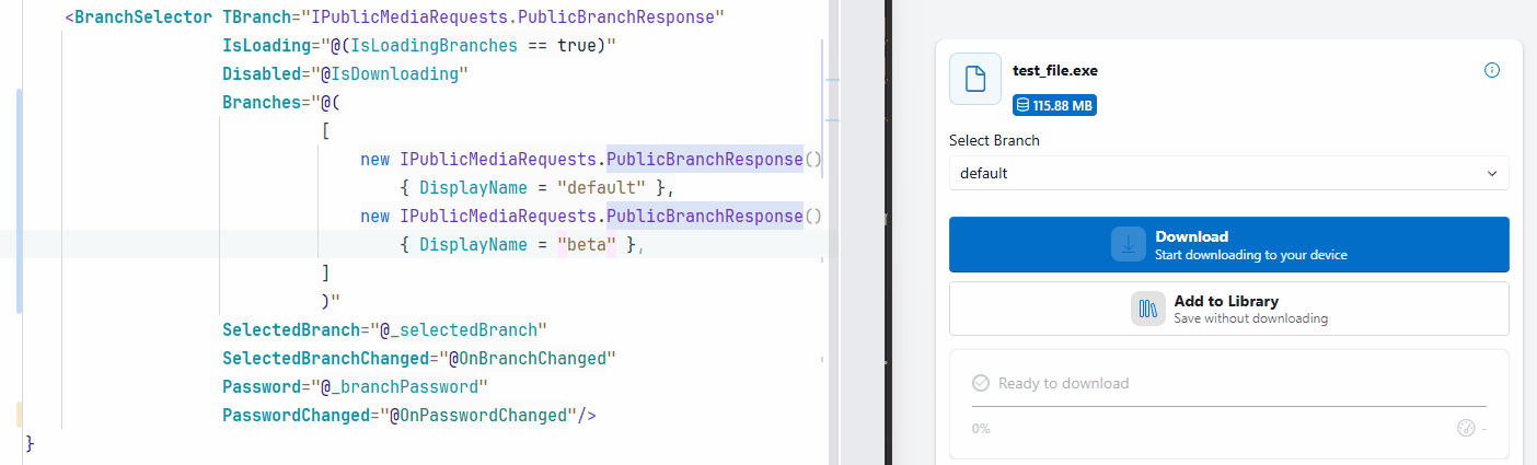 New entry in the list of a generic BranchSelector component, the new branch shows up live in the Select Branch dropdown, the current selection stays