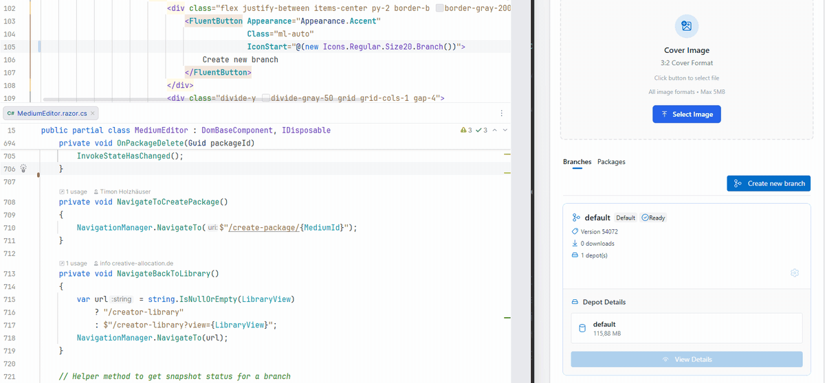 New method AddBranchAsync() bound via OnClick, the click creates a branch without losing the editor state