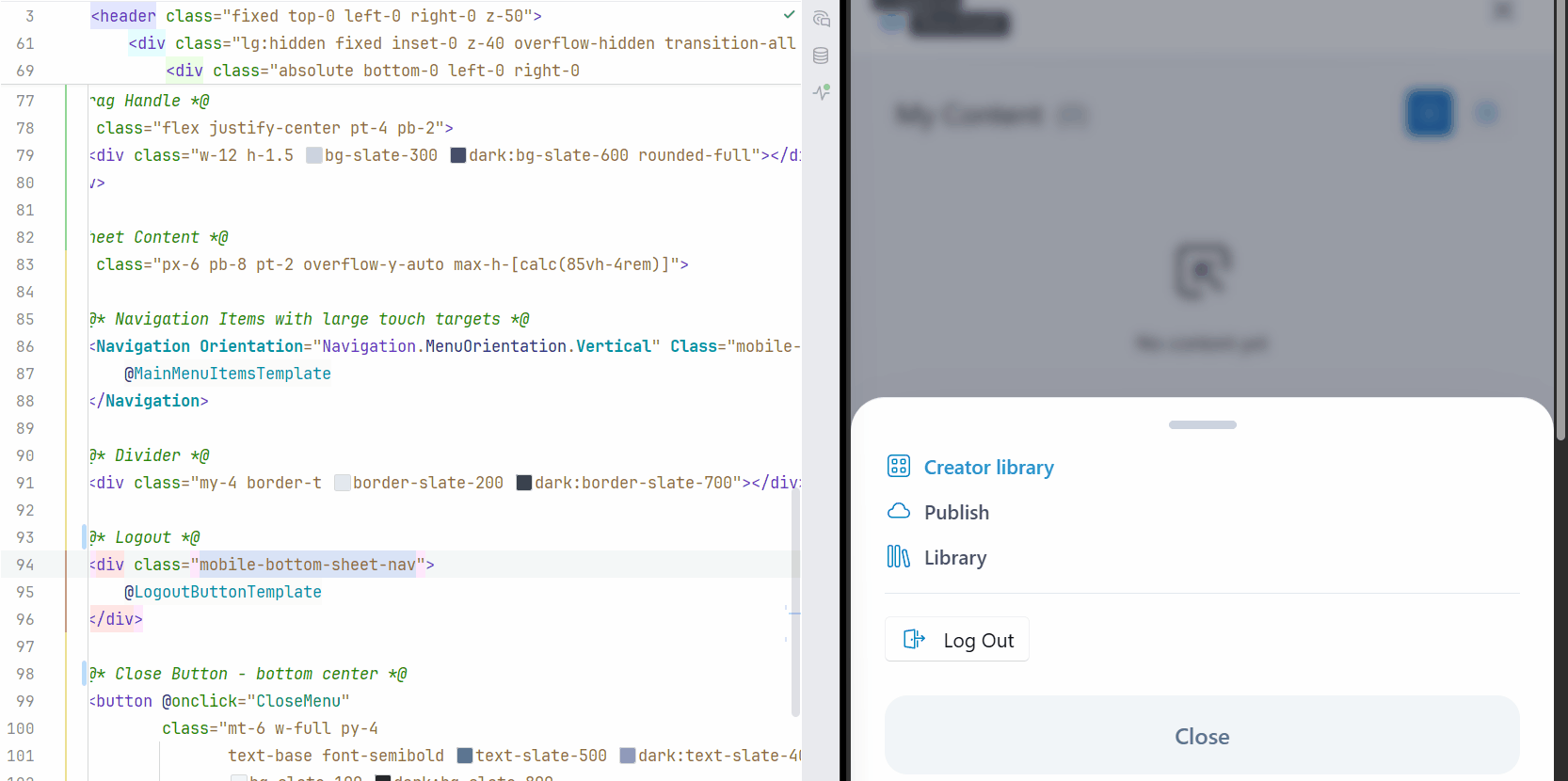 Blazor Hot Reload after the fix: dotnet watch only sees the .css, swaps it, the class takes effect live, the menu stays open