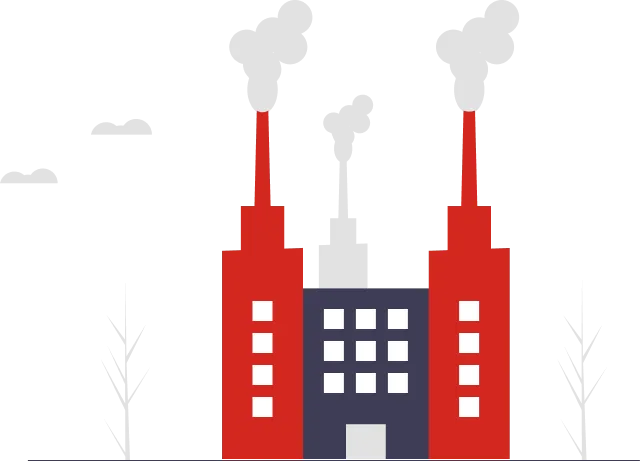 Flat-style illustration of a factory building with red wings, a dark central block with windows, three smokestacks emitting smoke, and bare trees on either side.