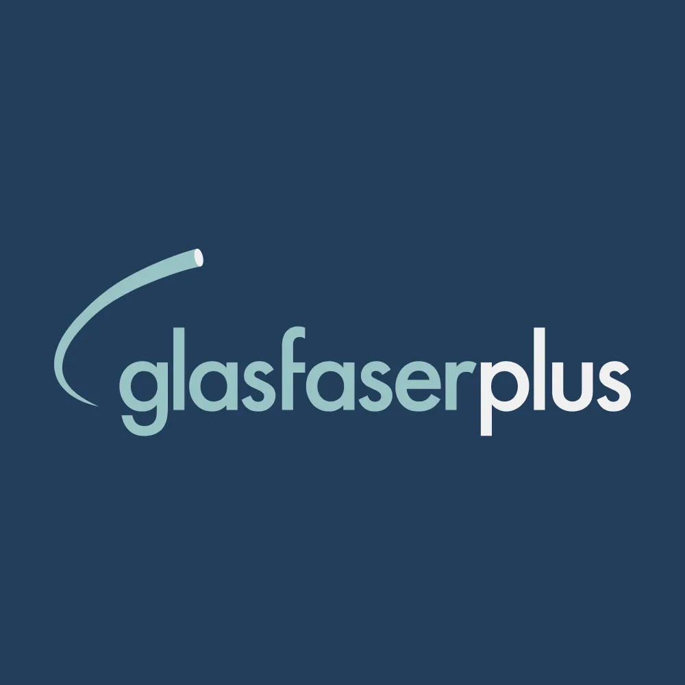 glasfaserplus logo on a dark blue background, featuring a curved fibre-optic cable graphic alongside the wordmark "glasfaserplus"