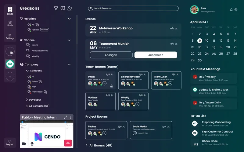 Screenshot of the Cendo platform dashboard for a workspace called "8reasons," showing upcoming Events, Team Rooms, Project Rooms, an April 2024 calendar, Your Next Meetings list, and a To-Do List in the right panel.