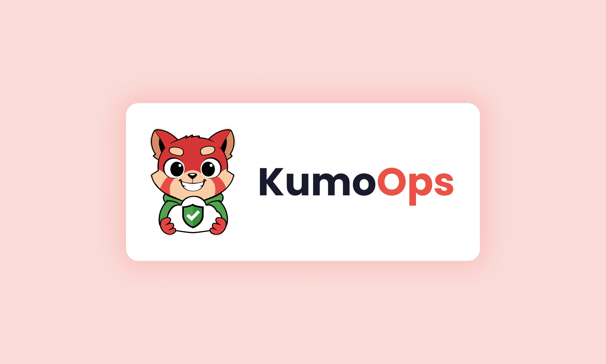 The KumoOps logo: a friendly cartoon red panda mascot holding a green shield with a white checkmark, next to the word 'KumoOps' in dark navy and orange lettering, set inside a white rounded rectangle on a pink background.