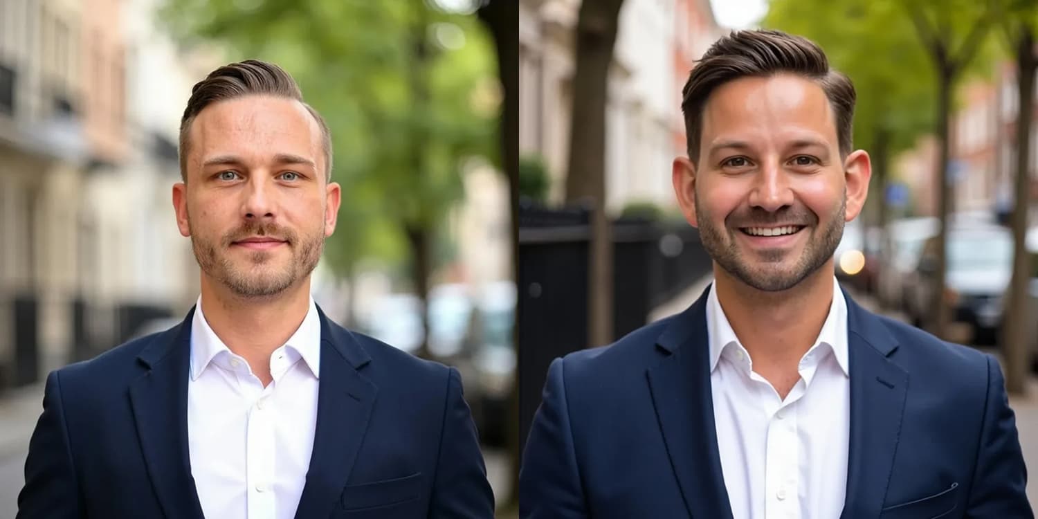 ide-by-side professional portraits of the MxD Advisory team, featuring two men in navy business suits and white shirts standing on a street with a blurred background.