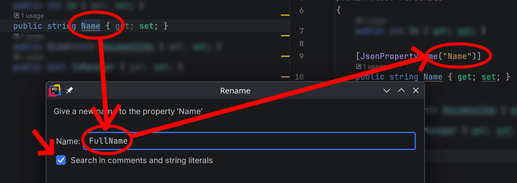 A screenshot of the IDE Rider when editing C# code. It's the popup dialog for rename refactoring with a checkbox selected for searching in string literals. Some arrows and circles highlight which parts of the code will be changed