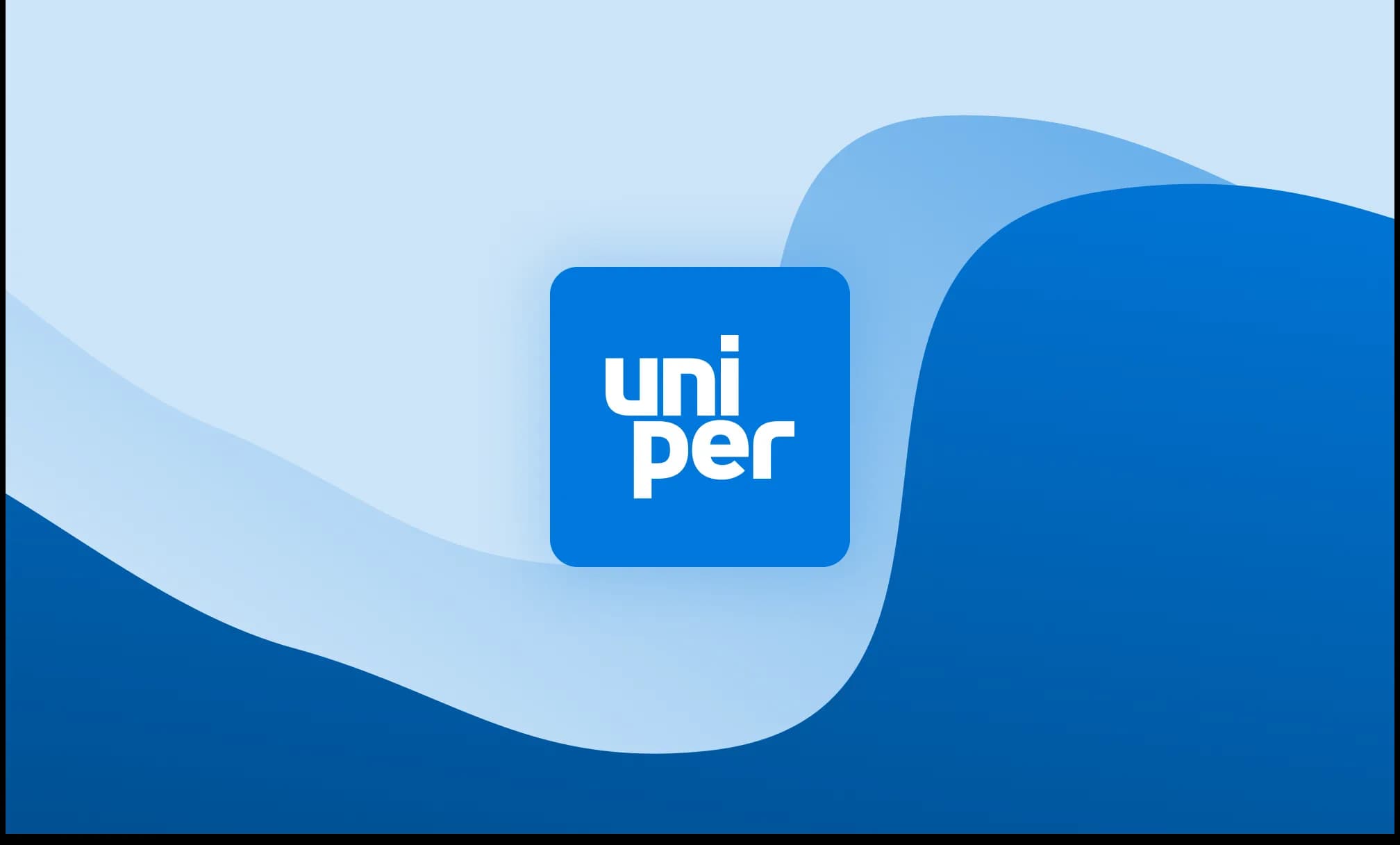 Uniper logo on a blue rounded-square icon, centred over an abstract layered wave background in light and dark blue tones.